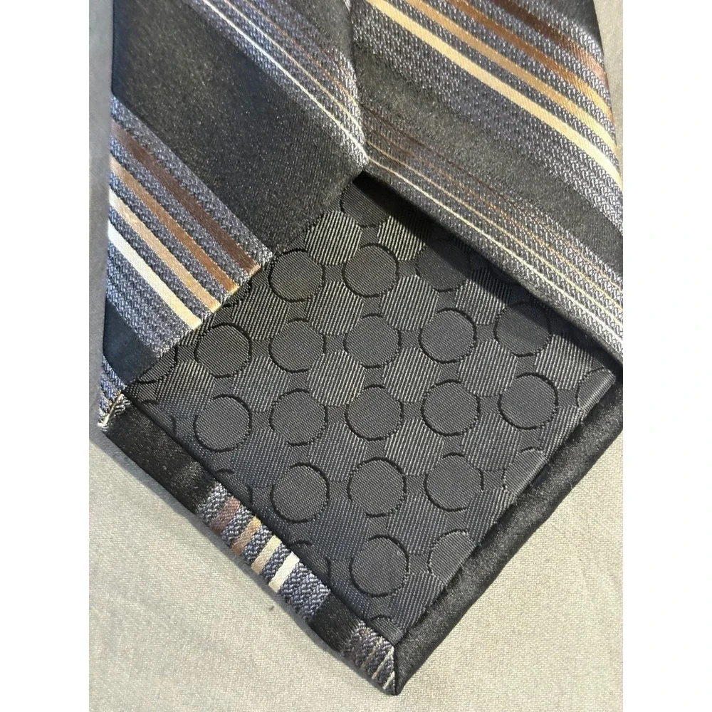 Perry Ellis Portfolio Mens Silk Blend Striped Necktie Black Grey Brown 58 Inch‎